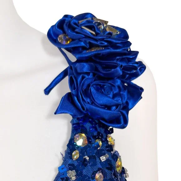 EUC Asymmetric Blue Tulle & Sequin Ball Gown - Womens Size 2 Tiffany Prom Dress - Picture 3 of 5